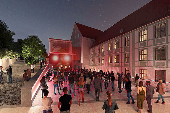 So wird ab Sommer 2024 die neue Außenbühne „Asam öffne Dich!“ aussehen. (Visualisierung: Deppisch Architekten)