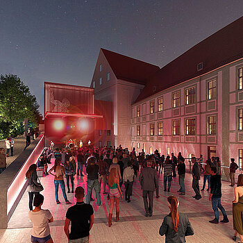 So wird ab Sommer 2024 die neue Außenbühne „Asam öffne Dich!“ aussehen. (Visualisierung: Deppisch Architekten)